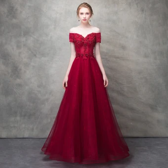 Snygga Fina Burgundy Aftonklänningar 2017 Prinsessa Spets Blomma Kristall Beading Av Axeln Halterneck Korta Ärm Ankellång Formella Klänningar