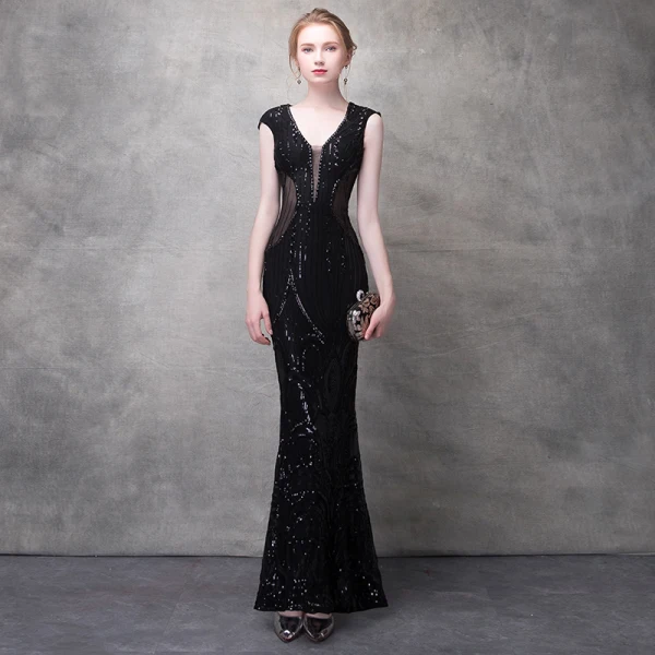 Sexy Noir Robe De Soirée 2017 Trompette / Sirène En Dentelle Fleur Cristal Paillettes Percé V-Cou Dos Nu Sans Manches Longueur Cheville Robe De Ceremonie
