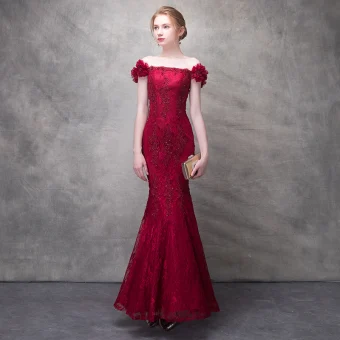 Chic Beautiful Burgundy Evening Dresses 2017 Trumpet Mermaid Lace Flower Beading Sequins Artificial Flowers Off The Shoulder Backless Sleeveless Ankle Length Formal Dresses