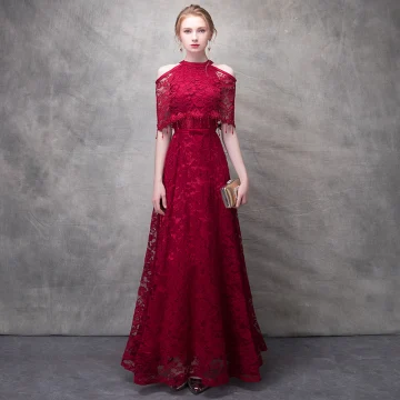 Chic Beautiful Burgundy Evening Dresses 2017 A Line Princess Lace Flower Beading Crystal Sequins Bow Halter Strapless 1 2 Sleeves Ankle Length Formal Dresses