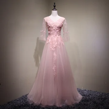 Chic Belle Perle Rose Robe De Soirée 2017 Princesse En Dentelle Fleur Perlage Fleurs Artificielles V Cou Dos Nu 3 4 Manches Longue Robe De Ceremonie