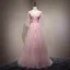 Chic / Belle Perle Rose Robe De Soirée 2017 Princesse En Dentelle Fleur Perlage Fleurs Artificielles V-Cou Dos Nu 3/4 Manches Longue Robe De Ceremonie