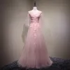 Chic / Beautiful Pearl Pink Evening Dresses  2017 A-Line / Princess Lace Flower Beading Artificial Flowers V-Neck Backless 3/4 Sleeve Floor-Length / Long Formal Dresses