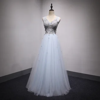 Chic Beautiful Sky Blue Evening Dresses 2017 A Line Princess Lace Flower Pearl Bow V Neck Backless Sleeveless Floor Length Long Formal Dresses