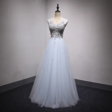 Chic Beautiful Sky Blue Evening Dresses 2017 A Line Princess Lace Flower Pearl Bow V Neck Backless Sleeveless Floor Length Long Formal Dresses