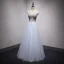 Chic / Beautiful Sky Blue Evening Dresses 2017 A-Line / Princess Lace Flower Pearl Bow V-Neck Backless Sleeveless Floor-Length / Long Formal Dresses