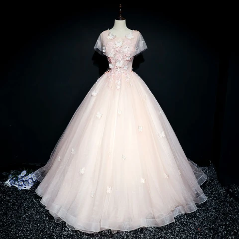 Chic / Belle Robe De Bal 2017 Robe Boule En Dentelle Fleur Fleurs Artificielles Papillon Perle Encolure Dégagée Manches Courtes Longue Robe De Ceremonie