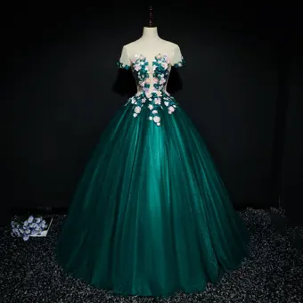 Chic Beautiful Dark Green Prom Dresses 2017 Ball Gown Lace Flower Artificial Flowers Beading Scoop Neck Backless Short Sleeve Floor Length Long Formal Dresses