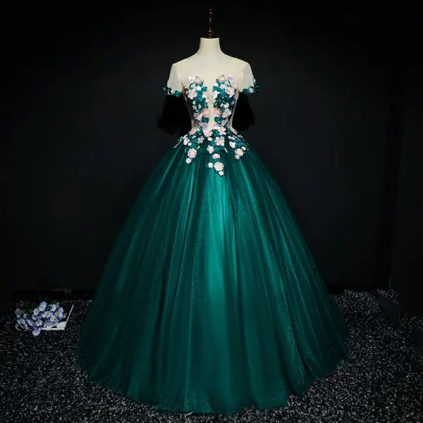 prom flowers for dark green dress Strapless Hunter Green 3D Floral Lace A-Line Prom Dress with Slit – Modsele main image 1