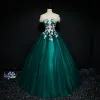 Chic / Beautiful Dark Green Prom Dresses 2017 Ball Gown Lace Flower Artificial Flowers Beading Scoop Neck Backless Short Sleeve Floor-Length / Long Formal Dresses
