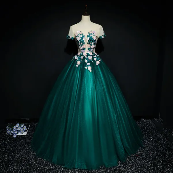 Hermoso Verde Oscuro Vestidos de gala 2017 Ball Gown Con Encaje Flor Flores Artificiales Rebordear Scoop Escote Sin Espalda Manga Corta Largos Vestidos Formales