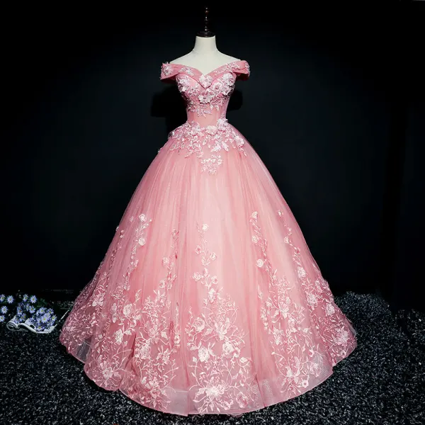 Chic / Belle Robe De Bal 2017 Robe Boule En Dentelle Fleur Perle Paillettes De l'épaule Dos Nu Manches Courtes Longue Robe De Ceremonie