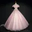 Chic / Beautiful Pearl Pink Prom Dresses 2017 Ball Gown Lace Flower Pearl Rhinestone Off-The-Shoulder Backless Short Sleeve Ankle Length Formal Dresses