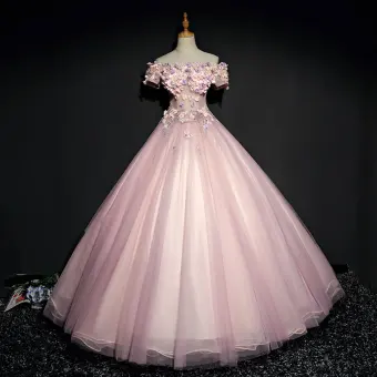 Chic Beautiful Pearl Pink Prom Dresses 2017 Ball Gown Lace Flower Pearl Rhinestone Off The Shoulder Backless Short Sleeve Ankle Length Formal Dresses
