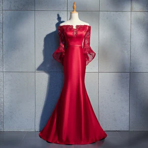 Élégant Bordeaux Robe De Soirée 2018 Trompette Sirène Appliques En Dentelle Fleur Dos Nu Perlage Cristal Ceinture De L Épaule 3 4 Manches Train De Balayage Robe De Ceremonie