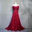 Charming Burgundy Evening Dresses  2018 A-Line / Princess Beading Crystal Lace Flower Rhinestone Off-The-Shoulder Backless Short Sleeve Court Train Formal Dresses