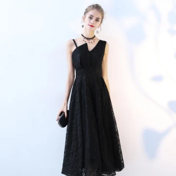 Chic Beautiful Black Homecoming Graduation Dresses 2017 A Line Princess Amazing Unique V Neck Backless Sleeveless Tea Length Formal Dresses