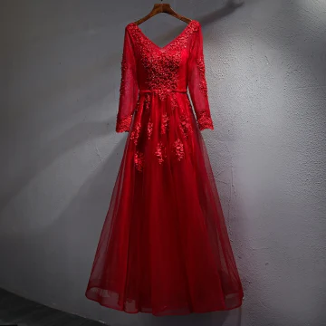 Chic Belle Bordeaux Robe De Soirée 2017 Princesse En Dentelle Cristal Ceinture Dos Nu V Cou Manches Longues Longueur Cheville Robe De Ceremonie