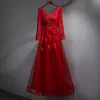 Chic / Beautiful Burgundy Evening Dresses  2017 A-Line / Princess Lace Crystal Sash Backless V-Neck Long Sleeve Ankle Length Formal Dresses