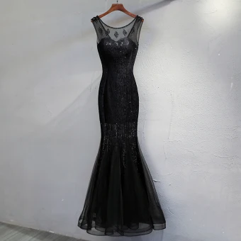 Chic Belle Noir Robe De Soirée 2017 Trompette Sirène En Dentelle Perlage Paillettes Encolure Dégagée Dos Nu Sans Manches Longueur Cheville Robe De Ceremonie