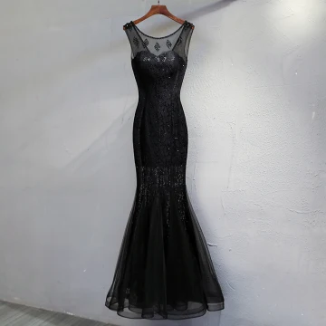Chic Beautiful Black Evening Dresses 2017 Trumpet Mermaid Lace Beading Sequins Scoop Neck Backless Sleeveless Ankle Length Formal Dresses