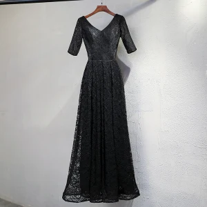 Chic Beautiful Black Evening Dresses 2017 A Line Princess Lace V Neck Backless 1 2 Sleeves Ankle Length Formal Dresses