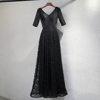 Chic Belle Noire Robe De Soirée 2017 Princesse Dentelle V Cou Dos Nu 1 2 Manches Longueur Cheville Robe De Ceremonie