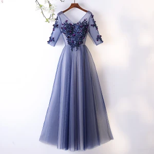 Chic Belle Océan Bleu Robe De Soirée 2017 Princesse En Dentelle Fleur Appliques Cristal V Cou Dos Nu 1 2 Manches Longueur Cheville Robe De Ceremonie