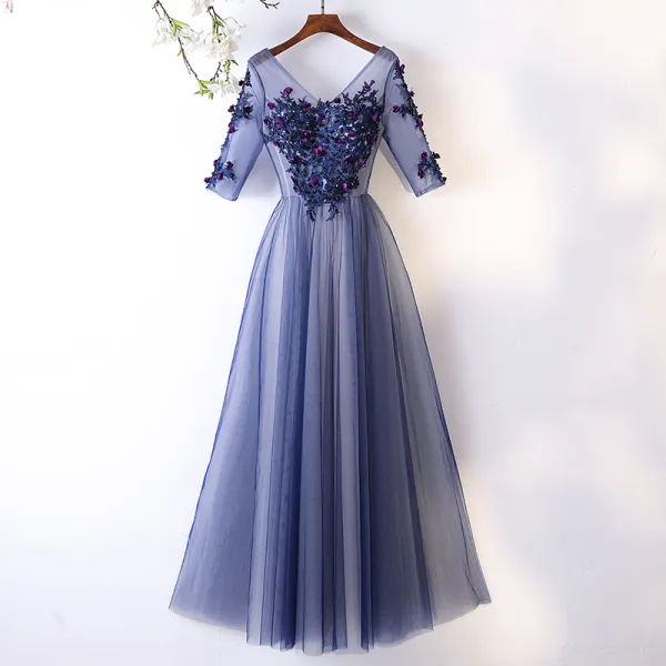 Chic / Beautiful Ocean Blue Evening Dresses  2017 A-Line / Princess Lace Flower Appliques Crystal V-Neck Backless 1/2 Sleeves Ankle Length Formal Dresses