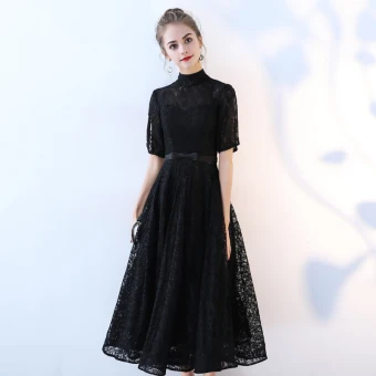 Chic Beautiful Black Homecoming Graduation Dresses A Line Princess 2017 Lace Bow High Neck Short Sleeve Tea Length Formal Dresses
