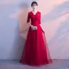 Chic / Beautiful Burgundy Evening Dresses  2017 A-Line / Princess Lace V-Neck Backless 1/2 Sleeves Floor-Length / Long Formal Dresses