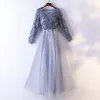 Chic / Beautiful Grey Evening Dresses  2017 A-Line / Princess Lace Flower Appliques Bow Pearl Scoop Neck Backless Long Sleeve Ankle Length Formal Dresses