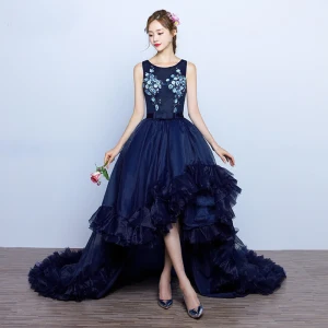 Chic Belle Bleu Marine Robe De Soirée 2017 Robe Boule Noeud Appliques Fleurs Artificielles Perle Encolure Dégagée Sans Manches Asymétrique Robe De Ceremonie