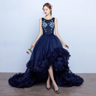 Chic Belle Bleu Marine Robe De Soirée 2017 Robe Boule Noeud Appliques Fleurs Artificielles Perle Encolure Dégagée Sans Manches Asymétrique Robe De Ceremonie