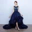 Chic / Beautiful Navy Blue Evening Dresses  2017 Ball Gown Bow Appliques Artificial Flowers Pearl Scoop Neck Sleeveless Asymmetrical Formal Dresses
