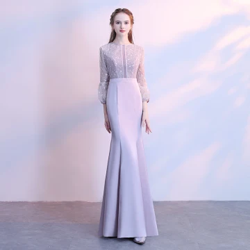Chic Belle Argenté Robe De Soirée 2017 Trompette Sirène En Dentelle Encolure Dégagée 3 4 Manches Longue Robe De Ceremonie