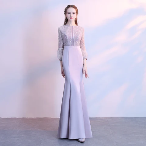 Chic / Beautiful Silver Evening Dresses  2017 Trumpet / Mermaid Lace Scoop Neck 3/4 Sleeve Floor-Length / Long Formal Dresses