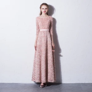 Chic Beautiful Blushing Pink Evening Dresses 2017 A Line Princess Scoop Neck 3 4 Sleeve Ankle Length Formal Dresses