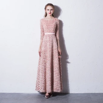 Chic Belle Rougissant Rose Robe De Soirée 2017 Princesse Encolure Dégagée 3 4 Manches Longueur Cheville Robe De Ceremonie