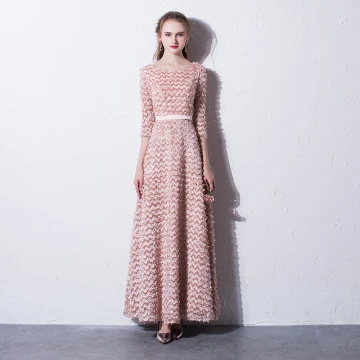 Chic Belle Rougissant Rose Robe De Soirée 2017 Princesse Encolure Dégagée 3 4 Manches Longueur Cheville Robe De Ceremonie