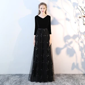 Chic Beautiful Black Prom Dresses 2017 A Line Princess V Neck 3 4 Sleeve Floor Length Long Formal Dresses