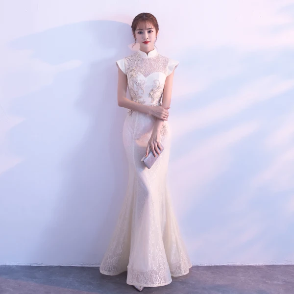 Elegant Champagne Evening Dresses 2017 Trumpet / Mermaid Lace Embroidered Pearl High Neck Cap Sleeves Floor-Length / Long Formal Dresses