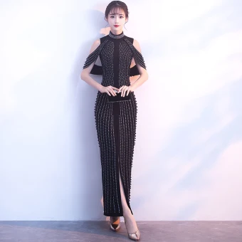 Chic Beautiful Black Evening Dresses 2017 Trumpet Mermaid Beading Crystal High Neck Sleeveless Ankle Length Split Front Formal Dresses