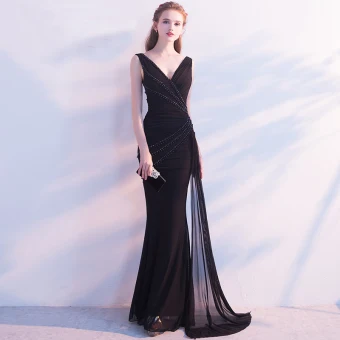 Chic Beautiful Black Evening Dresses 2017 Trumpet Mermaid Pearl Crystal Beading V Neck Backless Sleeveless Ankle Length Formal Dresses