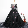 Chic / Beautiful Black Flower Fairy Prom Dresses 2017 Ball Gown Embroidered Appliques Pearl Sash Scoop Neck Backless 1/2 Sleeves Floor-Length / Long Formal Dresses