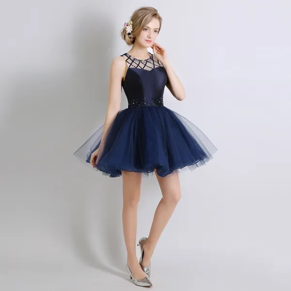 Chic / Beautiful Navy Blue Cocktail Dresses 2017 Ball Gown Crystal Beading Scoop Neck Backless Short Formal Dresses