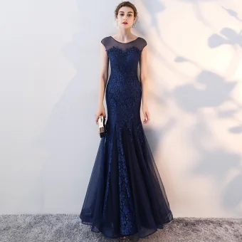 Chic Belle Bleu Marine Robe De Soirée 2017 Trompette Sirène En Dentelle Fleur Encolure Dégagée Sans Manches Longueur Cheville Robe De Ceremonie