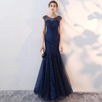 Chic Beautiful Navy Blue Evening Dresses 2017 Trumpet Mermaid Lace Flower Scoop Neck Sleeveless Ankle Length Formal Dresses