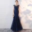 Chic / Beautiful Navy Blue Evening Dresses  2017 Trumpet / Mermaid Lace Flower Scoop Neck Sleeveless Ankle Length Formal Dresses