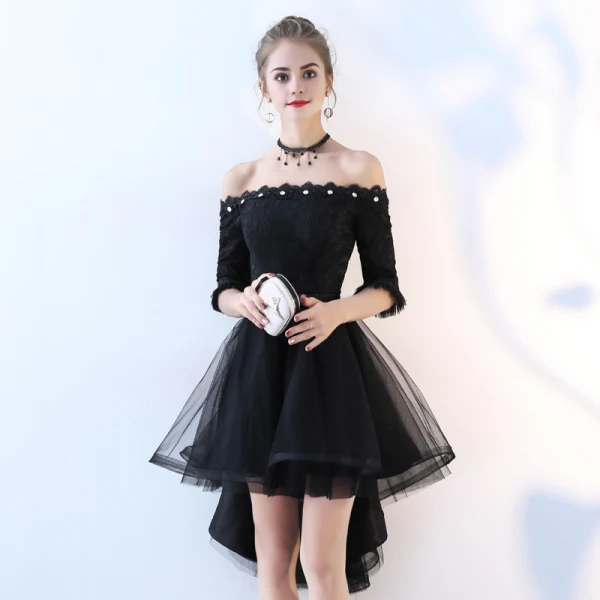 Schöne Schwarz Cocktailkleider 2017 A Linie Spitze Schleife Pailletten Off Shoulder Rückenfreies 1/2 Ärmel Asymmetrisch Festliche Kleider